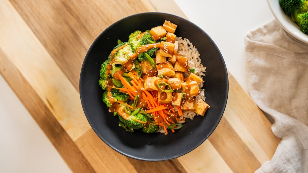 buddha bowl with spicy sauce