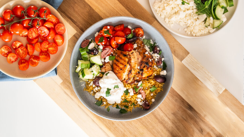 Grilled Chicken Souvlaki Rice Bowl